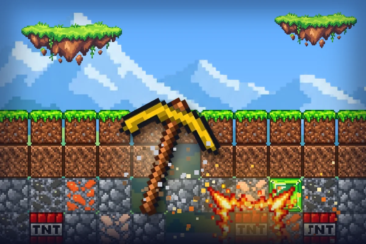 Уровни шахты Falling Pickaxe: кирка пробивает блоки и взрывает TNT